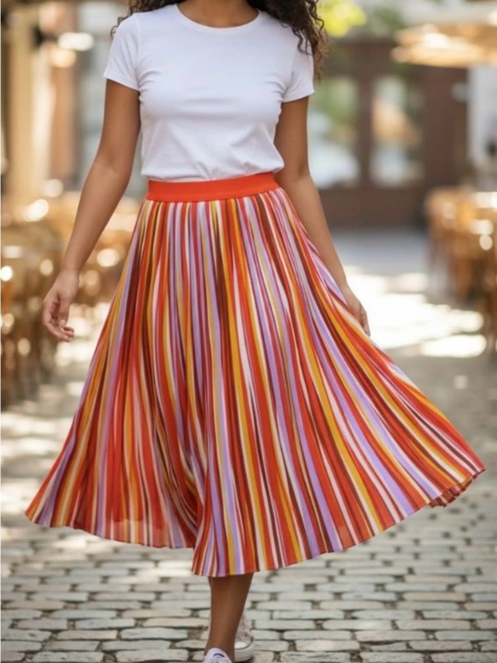 Forever 21 Red, Yellow, Purple, Brown & White Striped Midi Skirt